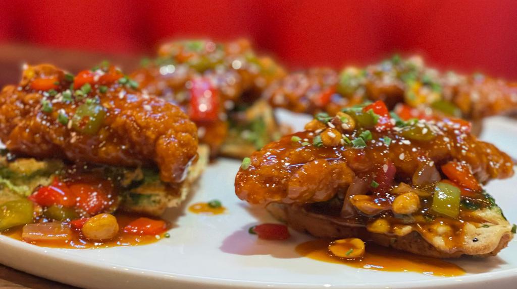Kung Pao Chicken & Waffle · SCALLION WAFFLE + FRIED CHICKEN + KUNG PAO SAUCE + BELL PEPPER + CHOPPED PEANUT + SESAME SEED
