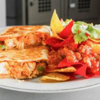 Grilled Chicken Quesadilla · Popular. Filled with pico de gallo, melted mixed cheese. Served with salsa and sour cream on...