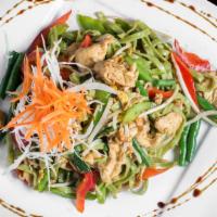 Spicy Green Noodles · Spicy. Vegetable noodles, basil, bell peppers, green beans, bean sprouts, egg with green cur...