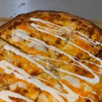 Buffalo Chicken · Hot sauce, Cheddar & Mozzarella cheese, shredded chicken, topped with Ranch & hot sauce.