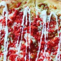 Wild Dill · Our signature pickle pizza with Mozzarella blend, jalapeños, flamin hot Cheetos, and topped ...
