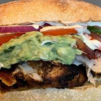 Bros. Done Right Club · Grilled chicken, thick-cut applewood smoked bacon, guacamole, greens, red onion, plum tomato...