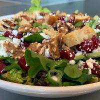 Beet And Goat Cheese · Mixed greens, beets, goat cheese, dried cranberries, toasted walnuts, ciabatta croutons, hou...