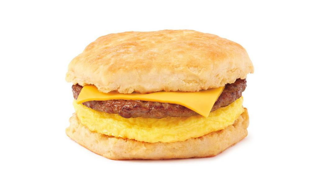 Biscuit Breakfast Sandwich · Seasoned egg omelet, your choice of sausage patty or bacon, and sliced cheddar cheese on a warm biscuit