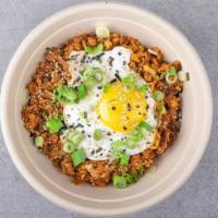 Kimchi Fried Rice (Spicy) · Fried rice with home made kimchi, spicy pork, seaweed strips, sesame seeds, and a sunny side...