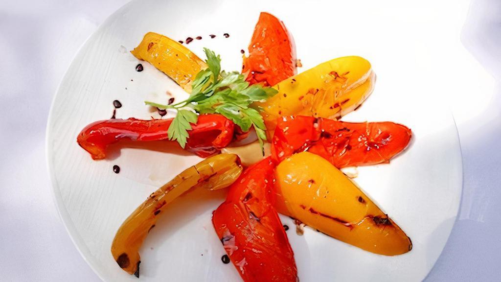 Holland Peppers · Grilled red, yellow and orange peppers, olive oil and aged balsamic