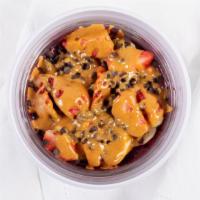 Chocolate Delight · Chocolate Chips, Banana, Strawberries, Peanut Butter in a bowl of smooth pureed Acai.