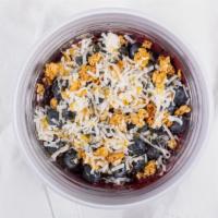 Blueberry Blast · Blueberries, Granola, Shredded Coconut and Honey in a bowl of smooth pureed Acai.