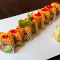 Salmon Special Roll · Salmon and avocado topped spicy salmon, crunch, and kani.