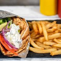 Chicken Gyro Meal · Served with 1 Side, lettuce, tomato, onions, and our house-made Tzatziki sauce on a warm pit...
