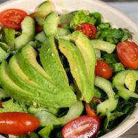 Go Avocado Salad · Fresh mixed greens, avocado, cucumbers & grape tomatoes with choice of dressing on the side.