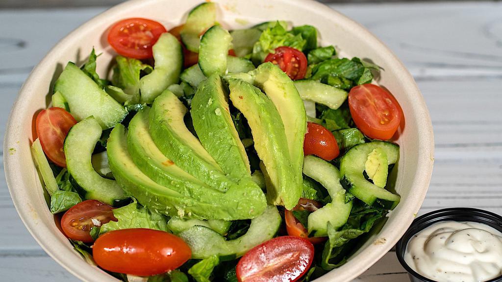 Go Avocado Salad · Fresh mixed greens, avocado, cucumbers & grape tomatoes with choice of dressing on the side.