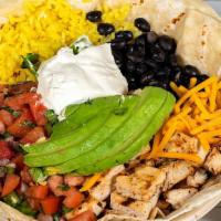 Chicken Burrito Bowl · Grilled chicken breast, avocado, yellow rice, black beans, cheddar cheese, pico de gallo, so...