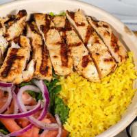 Chicken Or Lamb Gyro Bowl  · Grilled Chicken or Grilled Lamb, French Fries or Yellow Rice, lettuce, tomatoes, onions & Tz...