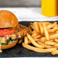Crispy Chicken Sandwich · House-made buttermilk fried chicken breast, lettuce, tomato, pickles & our Mayo & Honey Must...