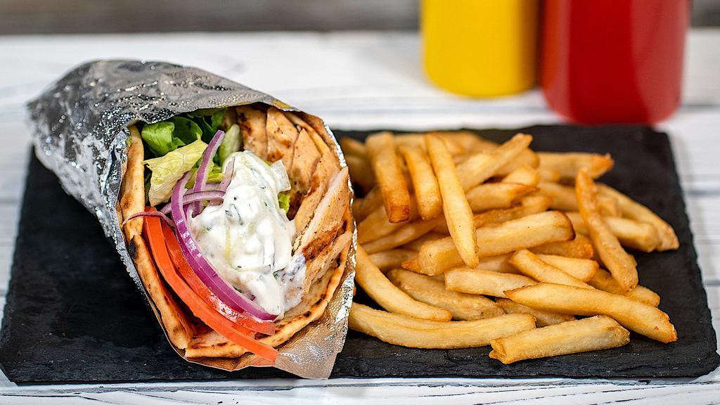 Chicken Or Lamb Gyro Pita  · Grilled Chicken or Grilled Lamb served with lettuce, tomato, onions & house-made Tzatziki sauce on warm pita bread.
