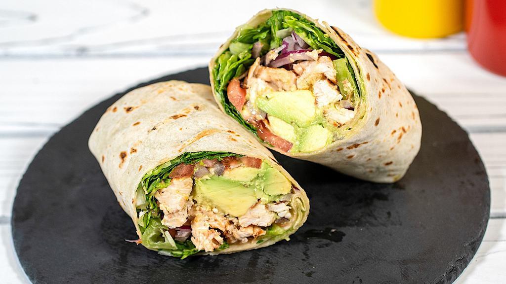 Avocado Chicken Wrap  · Flame-grilled chicken breast, avocado, lettuce, tomato, onions & choice of sauce in a Wrap.
