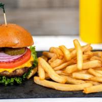 Turkey Cheeseburger · Served with American Cheese, side of lettuce, tomato, onions & pickles on a toasted Brioche ...