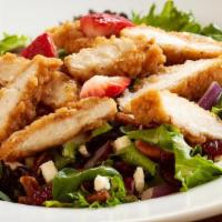 Nutty Chicken Salad · Mixed greens, feta cheese, candied pecans, dried cranberries, red onions, strawberries, topp...