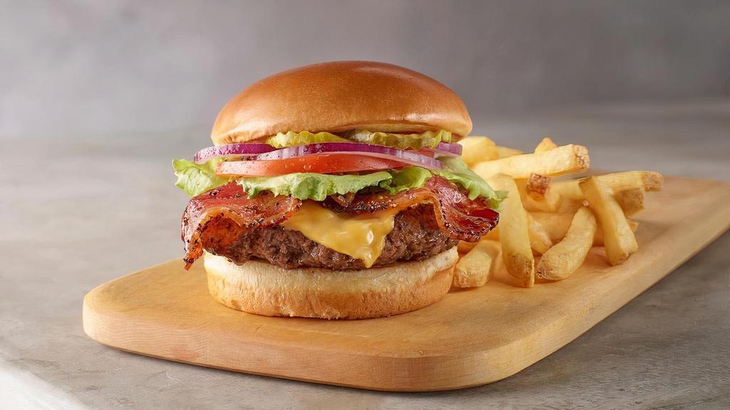 Bacon Cheeseburger · Bacon, American cheese, lettuce, tomato, red onion, and pickles.Served with your choice of 1 side.