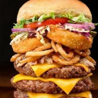 The Triple Stack Burger · Three half-pound patties, cheddar cheese, house smoked, hand pulled pork, onion rings, onion...