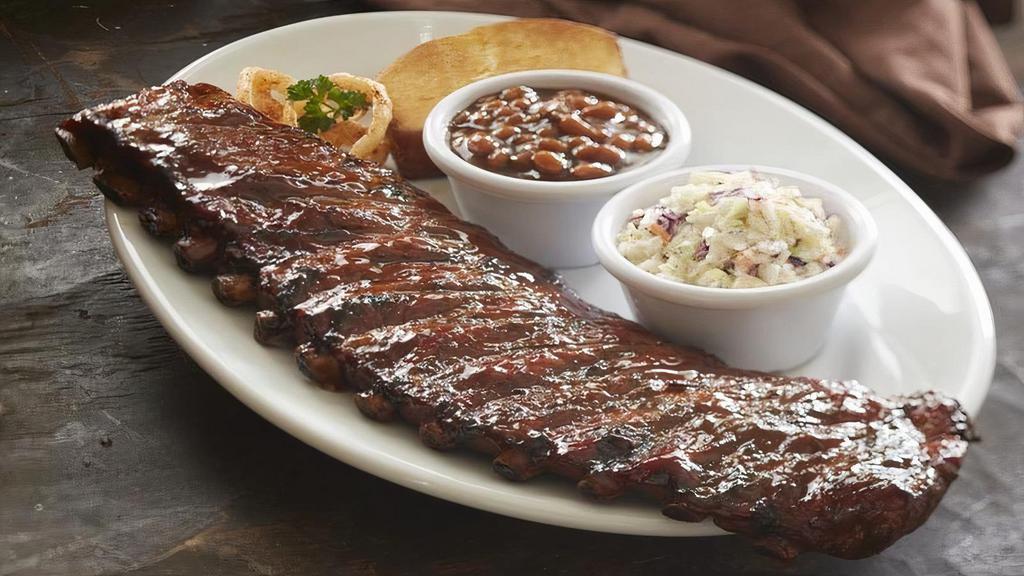 1/3 Rack St. Louis Ribs + 1 Favorite · Seasoned and hand-rubbed, slow smoked 4 hours, brushed with a sweet, smokey BBQ sauce + 1 of your favorites. Served with 2 regular sides.