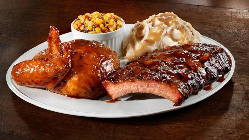 1/3 Baby Back Ribs + 1 Favorite · Seasoned and hand-rubbed, house-smoked for 4 hours, with sweet and smokey BBQ sauce  + one of your favorites. Served with 2 regular sides.
