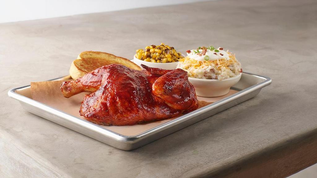 1/2 Bbq Chicken · Marinated and basted in a sweet BBQ glaze then slow-roasted. Served with  2 regular sides and garlic bread.