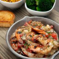 Fire Grilled Shrimp · Marinated shrimp, garlic butter, diced tomatoes, green onion, topped with lemon butter sauce...