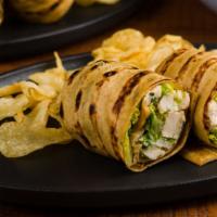 Chicken Caesar Wrap · Grilled chicken,romaine, caesar dressing, grated parmigiana,. rolled in our homemade thin cr...