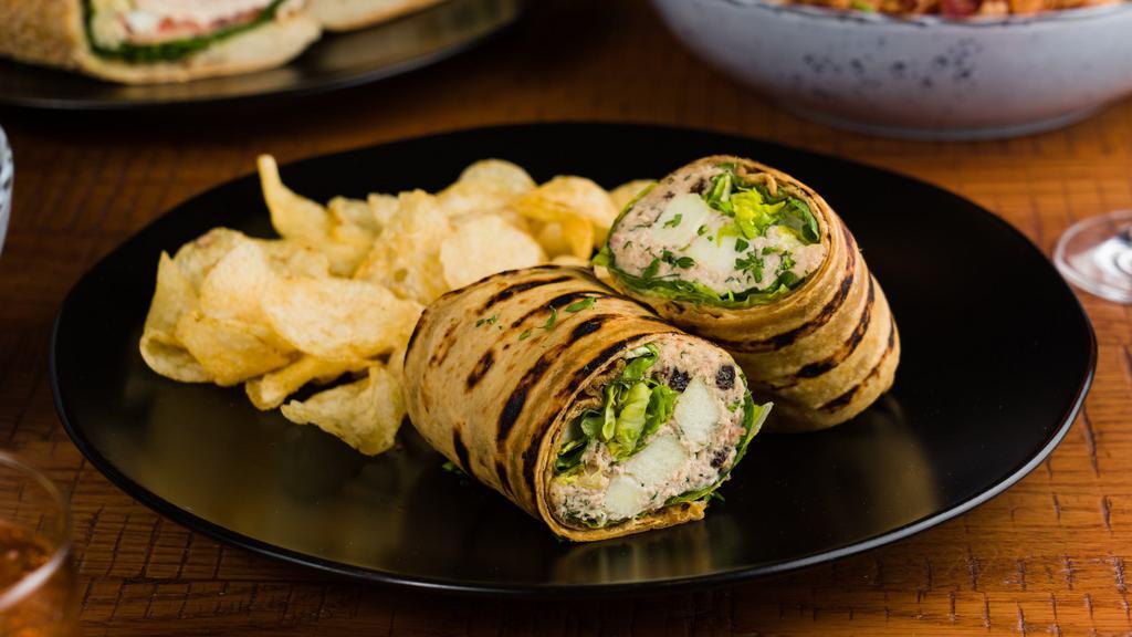 Apple Tuna Wrap · Albacore tuna salad, green apples, currents, dill, rolled in. our homemade thin crusted bread.