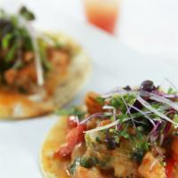 Shrimp Tacos · Three soft shell tacos served with rice, beans, pico de gallo, guacamole, salsas, and shrimp...