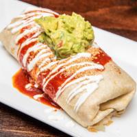 Our Famous California Burrito · Large flour tortilla filled with Spanish rice, refried beans, cheese and your choice of shre...