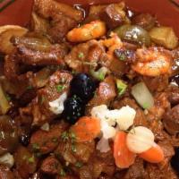 Sautéed Cubes Mix (Whole Order) · Pork cubes, shrimp, sausage, onions, peppers and cubed potatoes in a beef base sauce and ric...