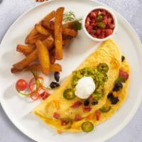 Ola Mexican Omelette · 3 eggs with,tomato, onions, jalapeños.