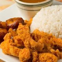 Combo 8 · Boneless chicken chunks, rice, beans, salad or sweet plantains, and free 2 liters soda.