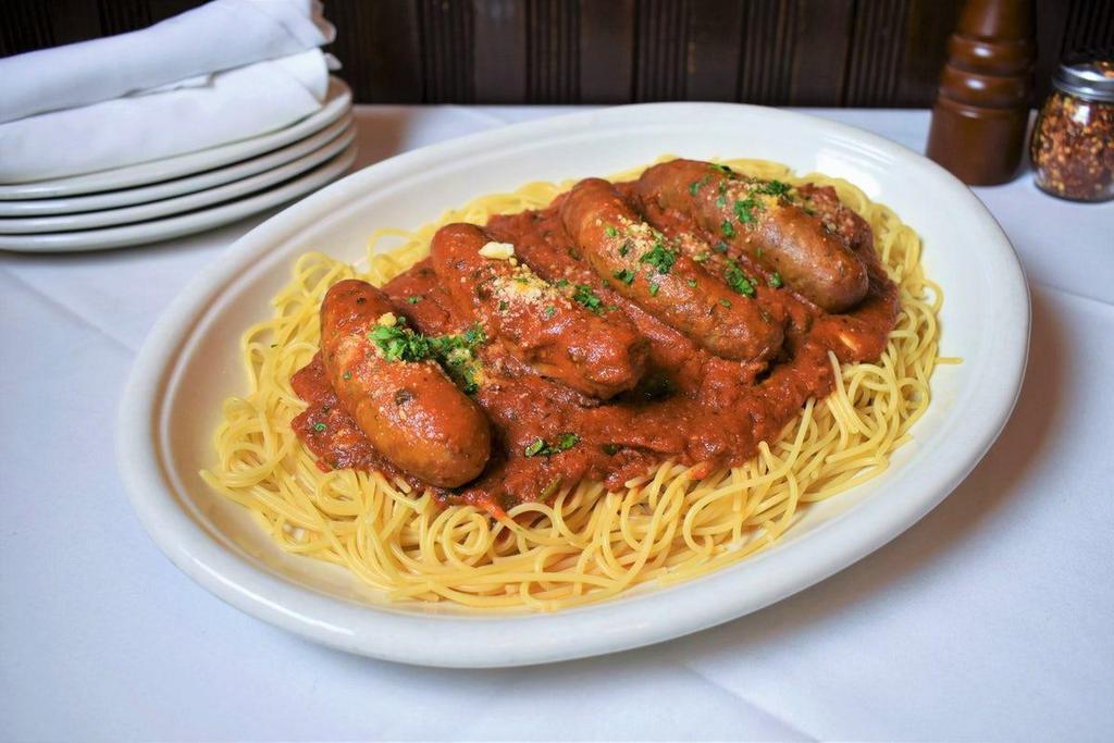 Sausage · Sweet Italian Pork Sausage Links with Choice of Sauce - Our Slow-Cooked Ragu Sauce or Marinara Sauce - Feeds 2-4