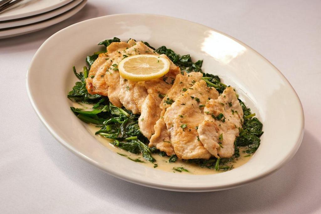 Chicken Scaloppine W/ Lemon & Butter · Chicken Scaloppine Sautéed in a Lemon & Butter Sauce Served Over Sauteed Spinach - Feeds 2-3