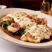 Chicken Saltimbocca · Thin Sliced Chicken on a Bed of Sautéed Spinach Topped with Prosciutto & Melted Mozzarella i...
