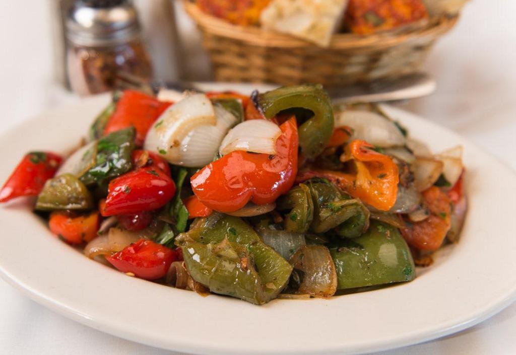 Peppers & Onions · Red & Green Peppers with Spanish Onions Sautéed with Garlic, Oil & Fresh Herbs - Feeds 2-3