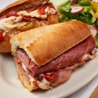 #4 Hot Italian Hero · Grilled Soppressata, Mortadella, Provolone Cheese, Roasted Peppers & Hot Cherry Peppers on G...