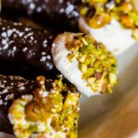 Chocolate Cannoli (3Pc) · Small Chocolate Covered Cannoli Shells Ricotta Filling with Candied Fruit, Chocolate Chips, ...