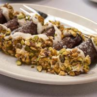 Chocolate Cannoli (6Pc) · Small Chocolate Covered Cannoli Shells Ricotta Filling with Candied Fruit, Chocolate Chips, ...