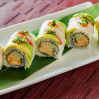Samurai · An 8 piece roll of Spicy Blue Crab, Cucumber, Crunch with Red Snapper and Avocado on top.