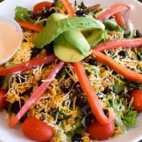 Rage Against The Green · Mixed field greens, black beans, corn, tomatoes, avocado, red bell peppers and cheddar Jack ...