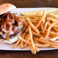 Bell Bottom Blues · 8 oz. char-grilled burger cooked to your liking, topped with frizzle onions, melted pepper J...