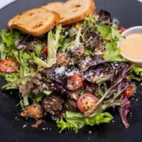 Roasted Mushroom Caesar Salad · Garlic Roasted Mushrooms, Leafy Greens, Grape Tomato, Sunflower Crunch, Creamy Hoisin Parmes...