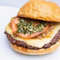 La Tour Burger · Angus Steak Burger Patty, Caramelized Onion, Sliced Tomato, Chimichurri, Creamy Dijon, and H...