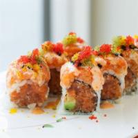 Spicy Delight Roll · Spicy fund, avocado topped with spicy salmon and tobiko, drizzled with spicy mayo sauce.