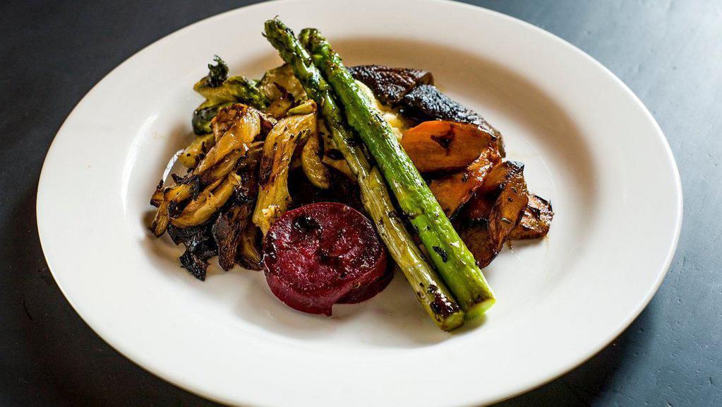 Pan Roasted Vegetables (Appetizer) · With fresh herbs, polenta, goat cheese and balsamic vinegar glaze.